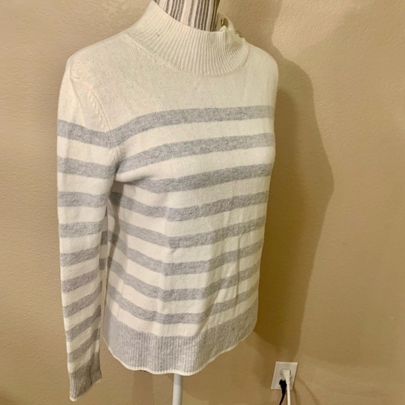 Magaschoni Sweater Small White Grey Stripes Gold Buttons Collar Wool Cashmere - Picture 4 of 14